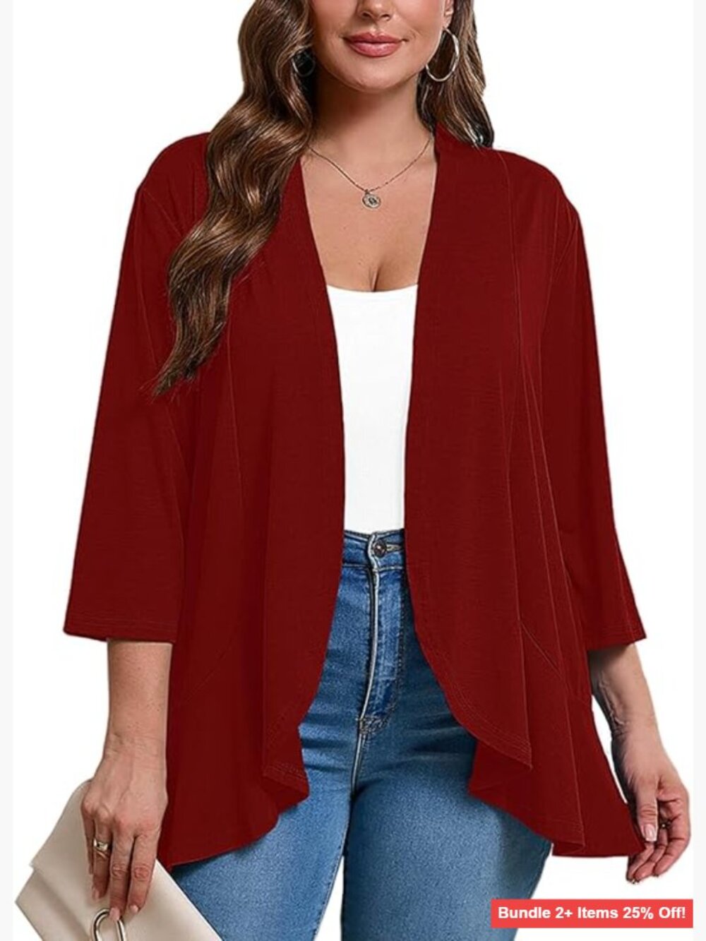 Plus Size Lightweight Cardigan 3/4 Sleeve Open Front Draped Ruffles
